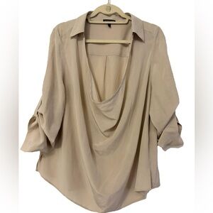 Eileen Fisher 100% Silk Drape Neck Blouse | Sand | Roll-Tab Sleeves